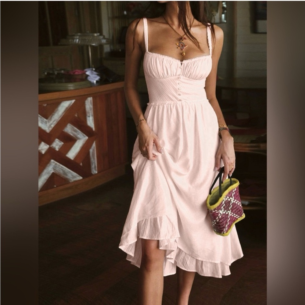 Commense CottaageCore Pink Midi Dress with Spaghetti Straps NWT